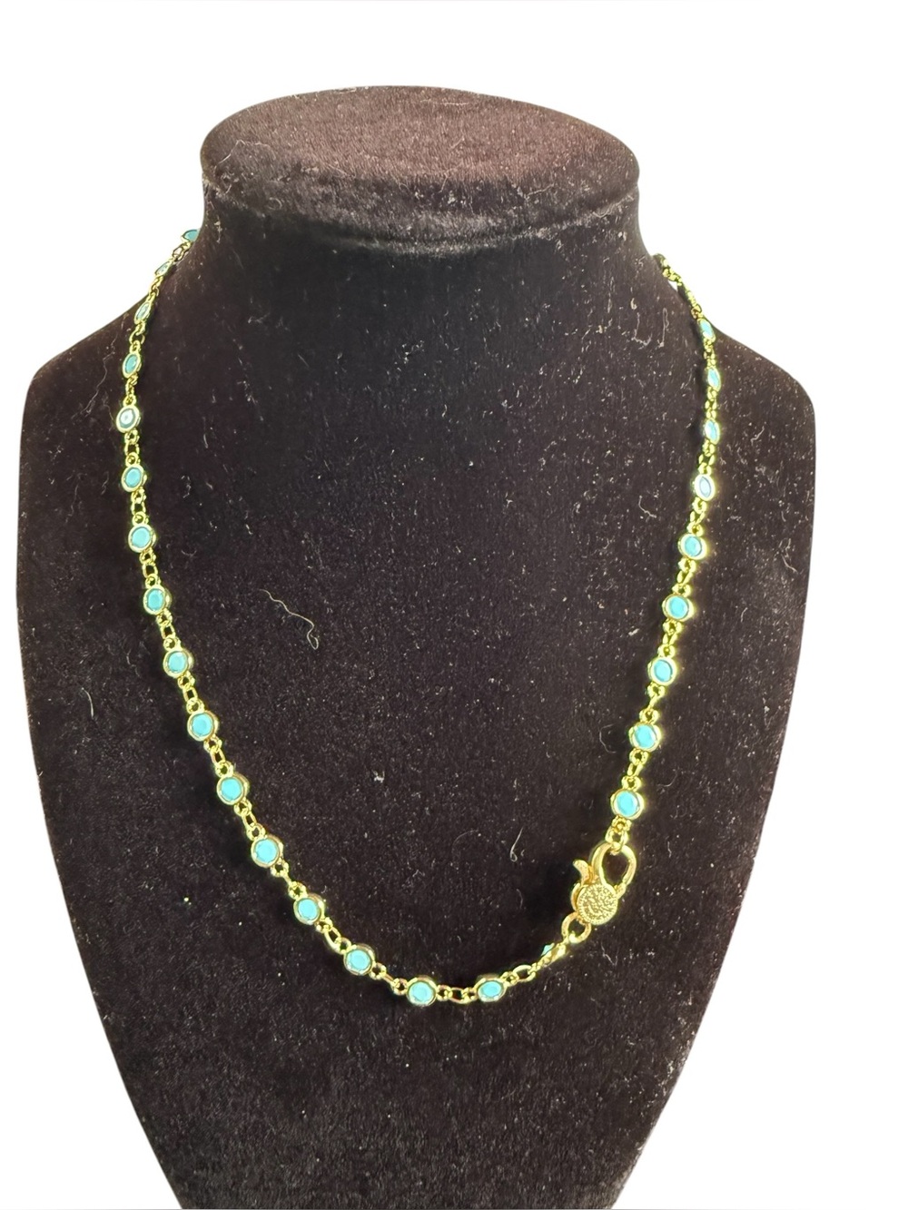 New Freida Rothman Gold Plated Turquoise Color Gems 18” Necklace Pave Clasp